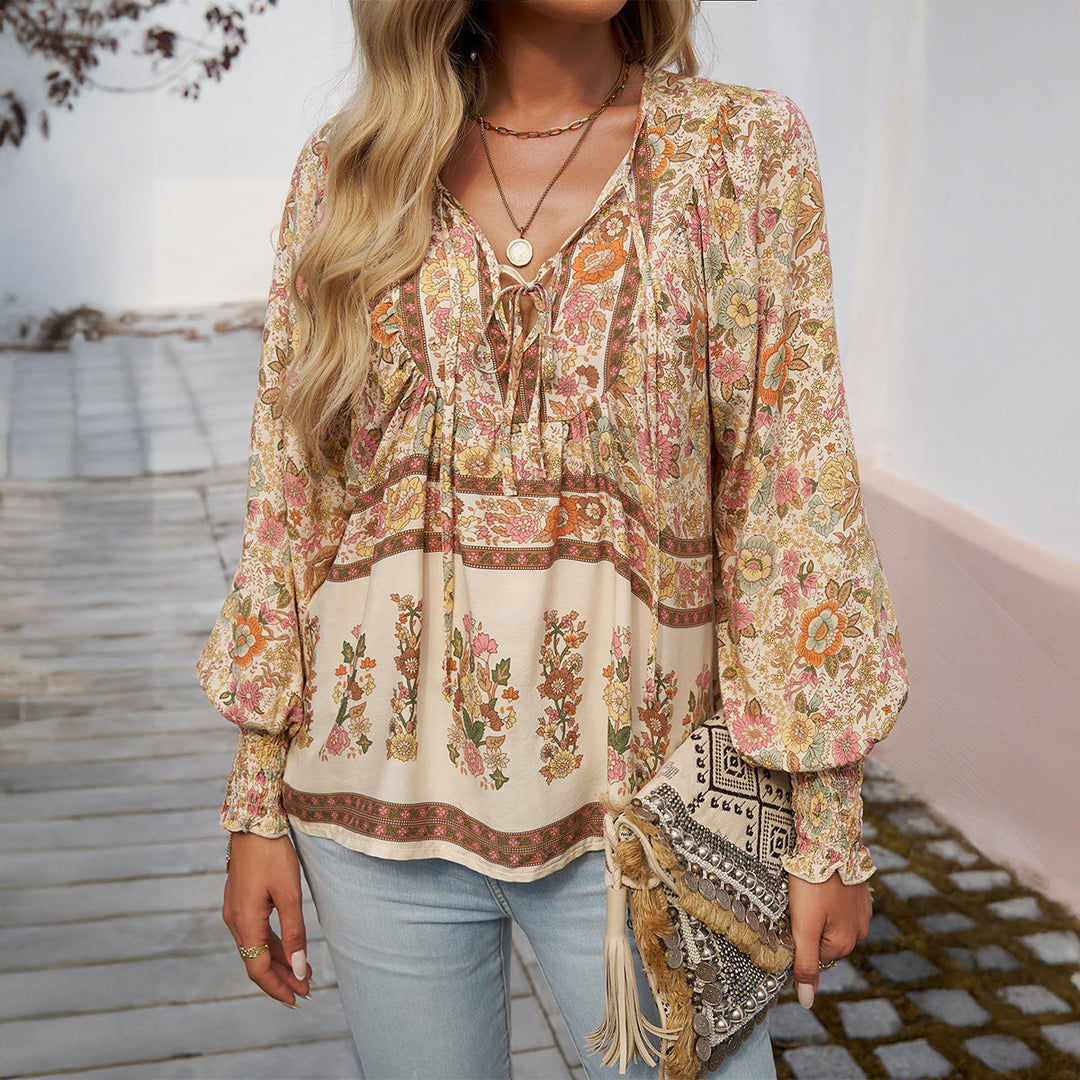 Versatile women's floral long sleeve tie-front top. Stylish & comfortable for casual or everyday wear.