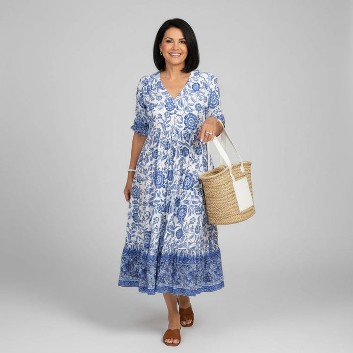 Women's floral tiered midi dress with V-neck & 3/4 sleeves, perfect for summer occasions & holidays.