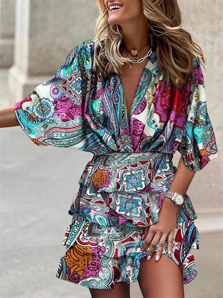 Elegant women's floral print V-neck dress featuring delicate ruffles and stylish batwing sleeves.