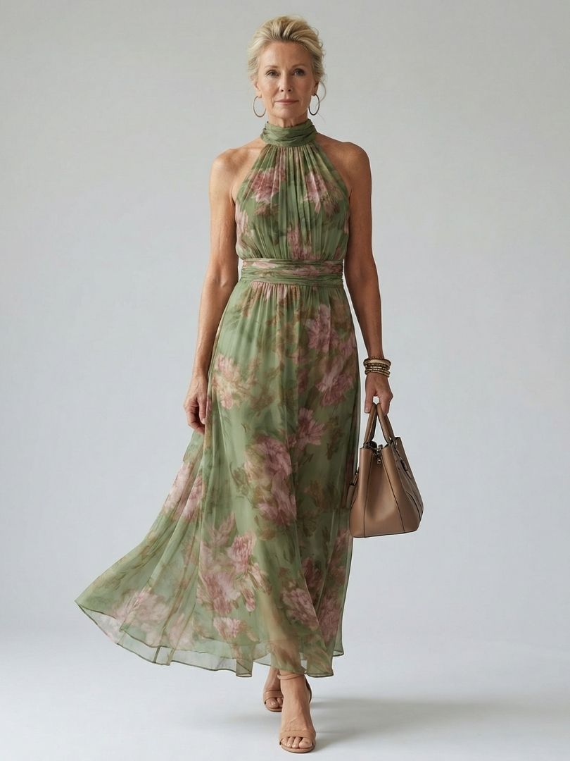 Women's gathered halter midi dress in a flowy style, perfect for summer days.