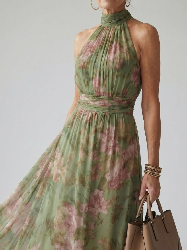 Elegant sage green floral gathered halter midi dress for women, ideal for casual summer wear.
