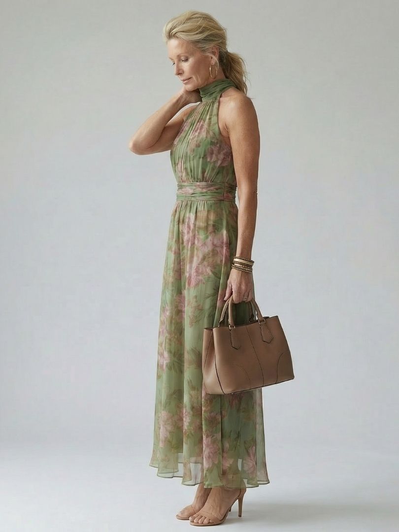 Comfortable women's midi dress with a gathered halter neckline, effortless and stylish for day wear.