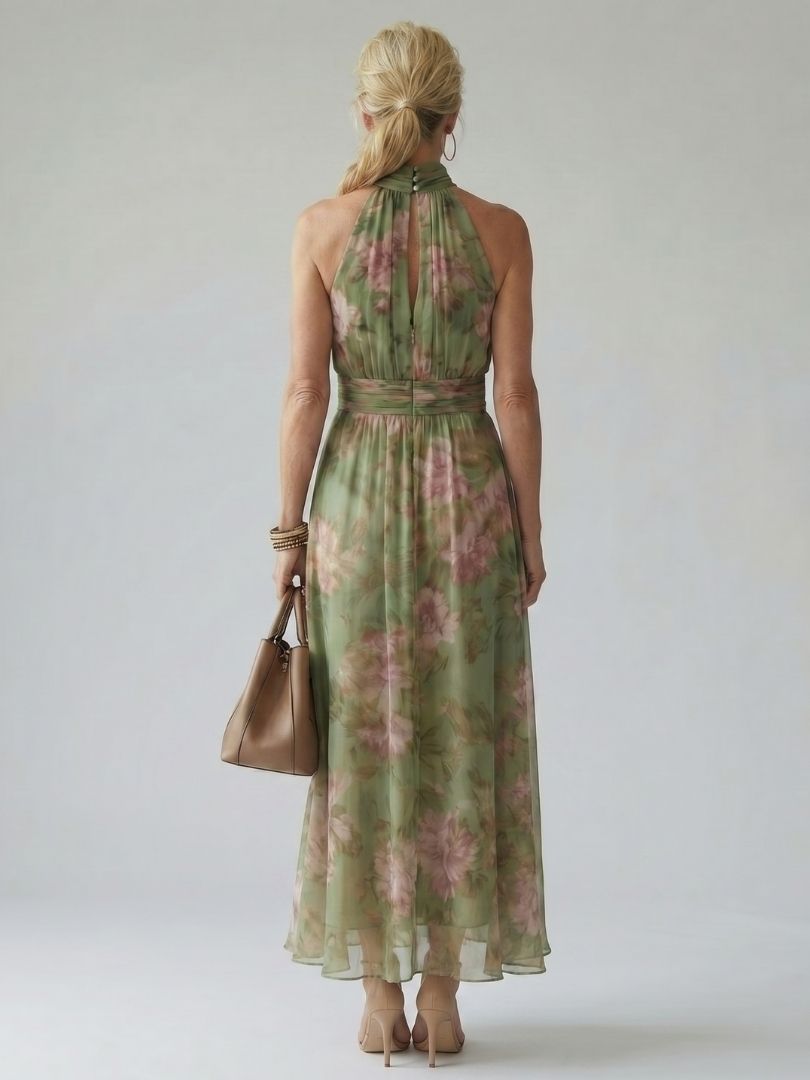 Flowy floral sage green midi dress for women, featuring a chic gathered halter design for summer.