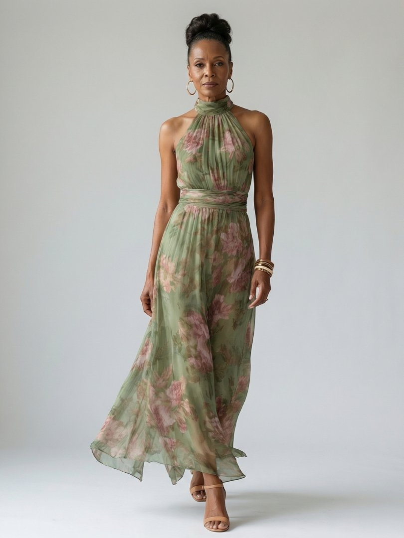 Stylish women's gathered halter midi dress, a comfortable and elegant choice for any summer occasion.