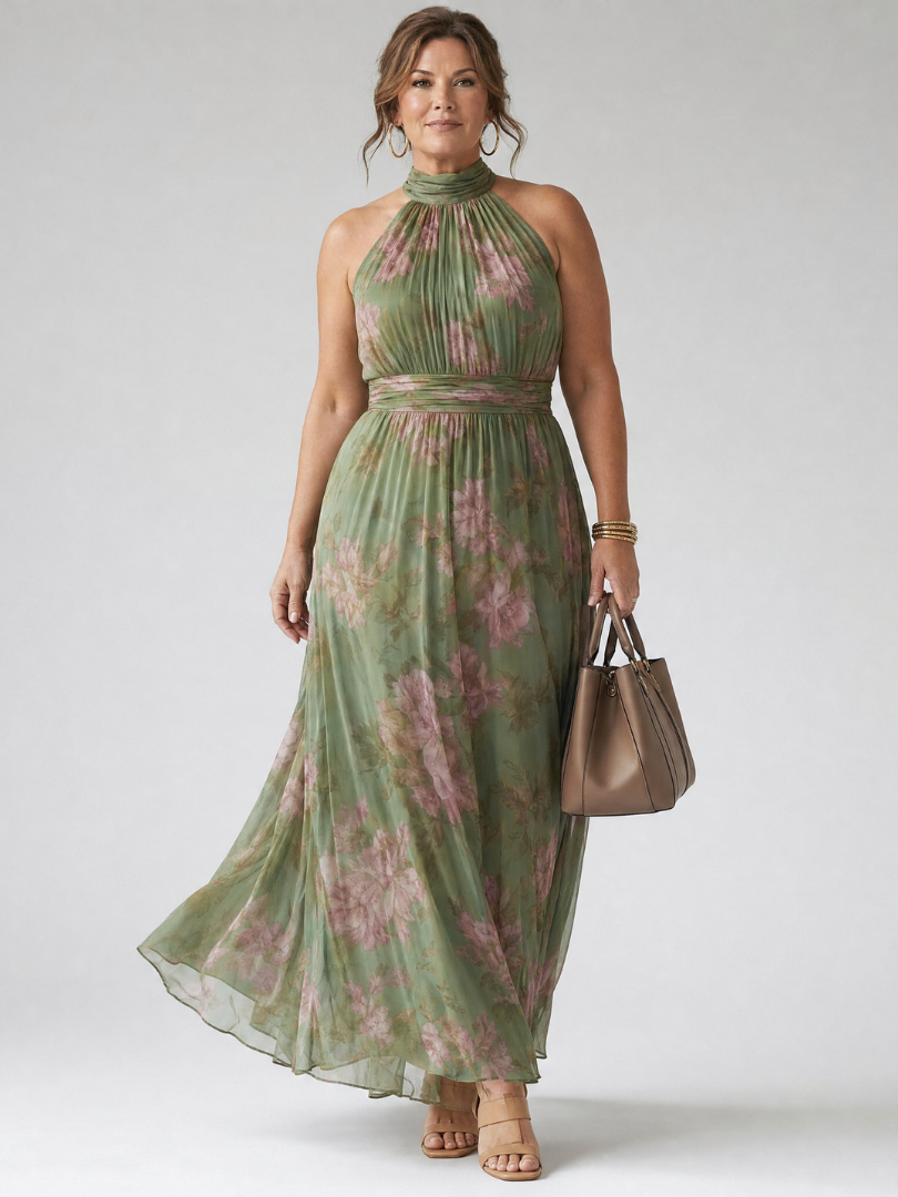 Sage green floral print women's midi dress with a flattering gathered halter neckline, comfortable.