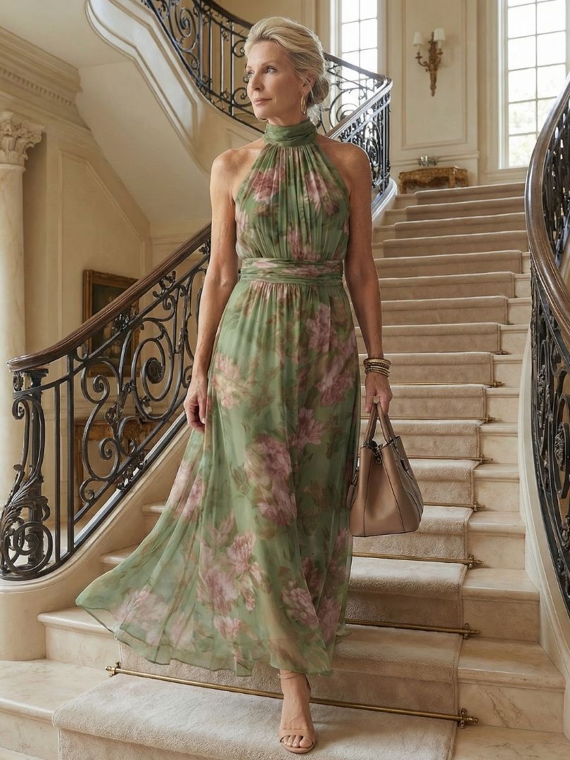 Casual summer women's midi dress, sage green with floral pattern & gathered halter neck. Effortless style.