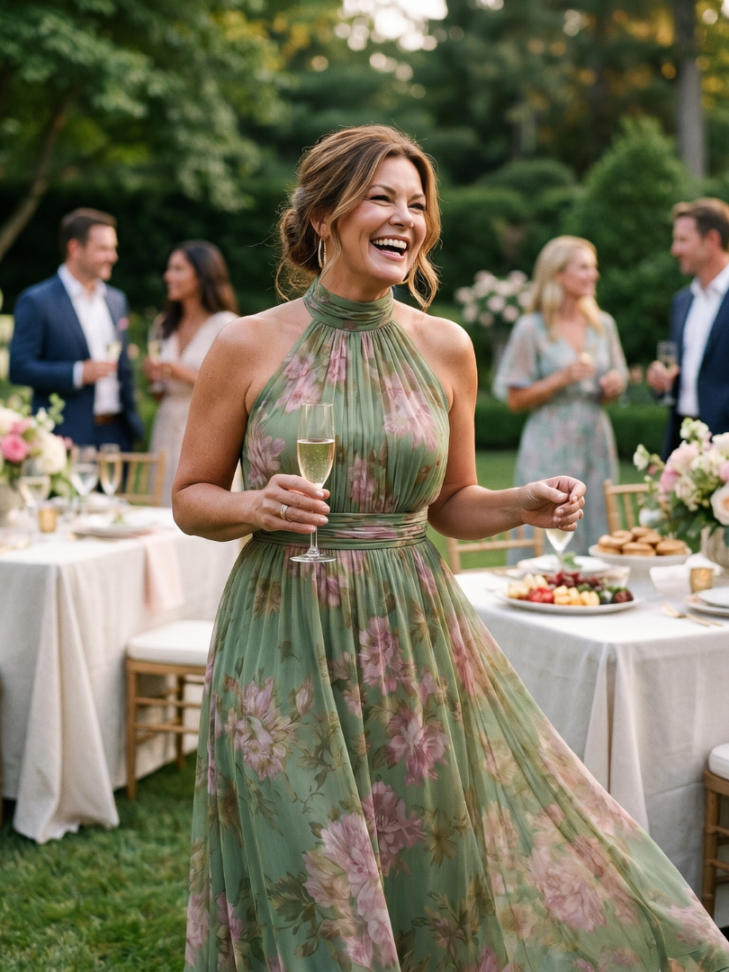 Effortless women's midi dress, sage green floral with a gathered halter design, perfect for casual summer elegance.