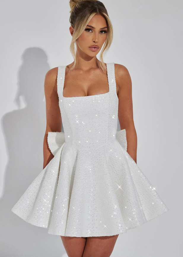 Women's sequin mini prom dress, A-line, square neck, back bow. Perfect for special occasion parties.