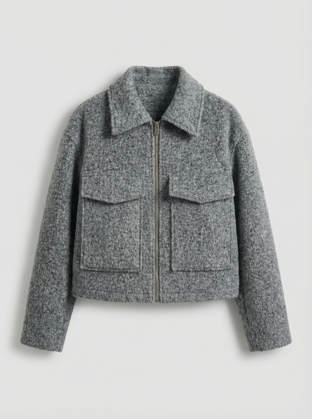 Fashionable gray cropped zip jacket for women. Designed with functional front pockets, great for casual spring style.