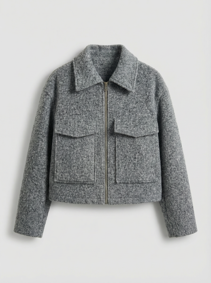 Fashionable gray cropped zip jacket for women. Designed with functional front pockets, great for casual spring style.