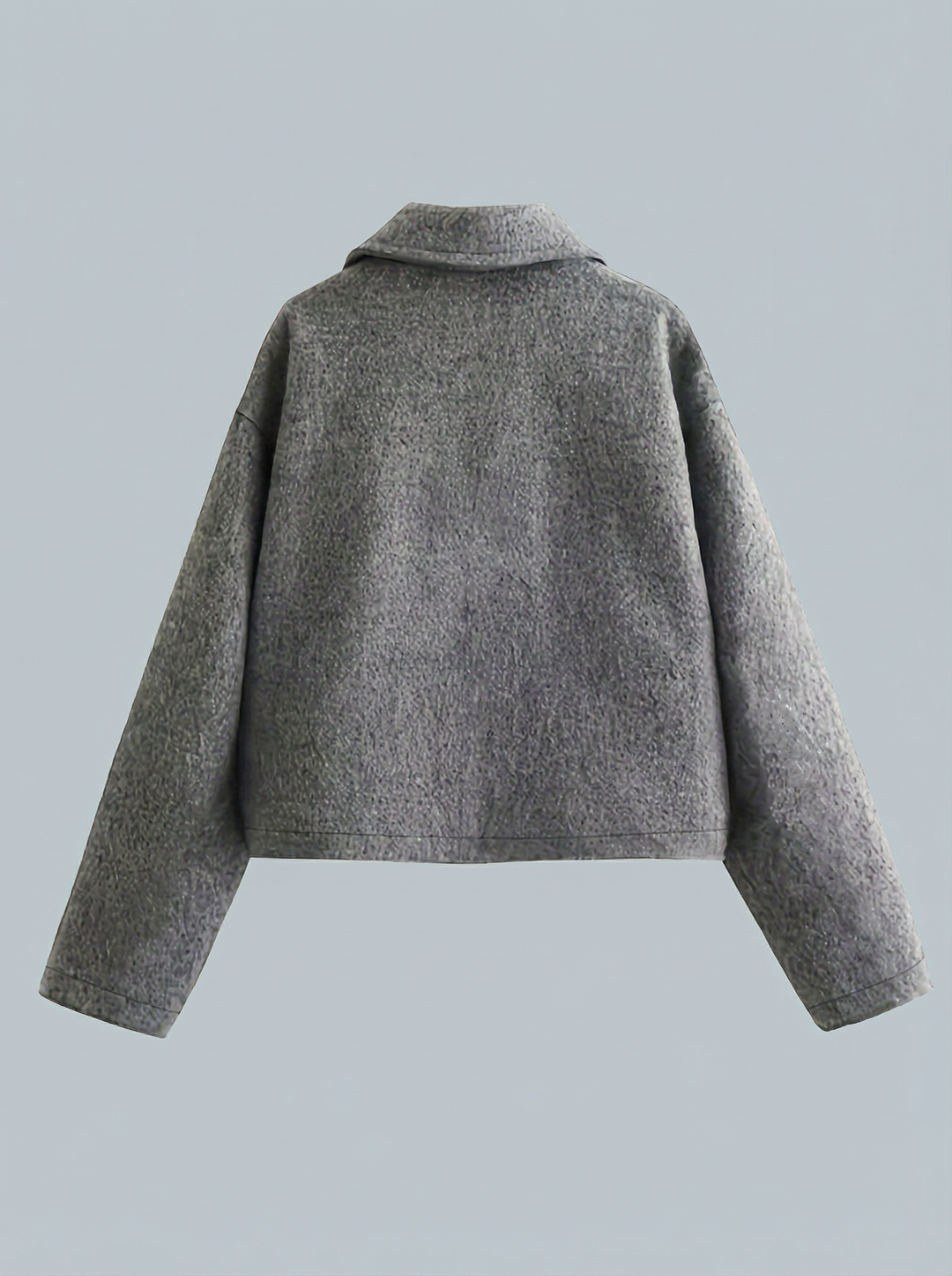 Women's gray cropped zip jacket with front pockets. Versatile outerwear for spring, autumn, & casual layering.