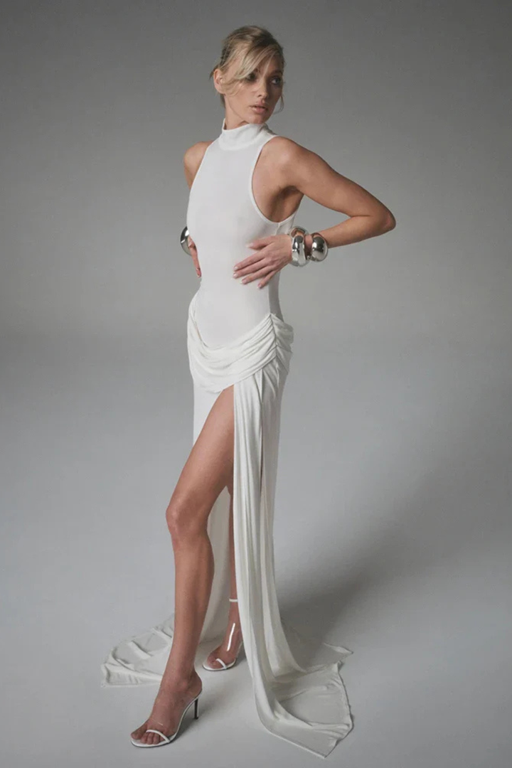 Flowy women's high neck sleeveless maxi dress with side split, a comfortable yet elegant party dress.