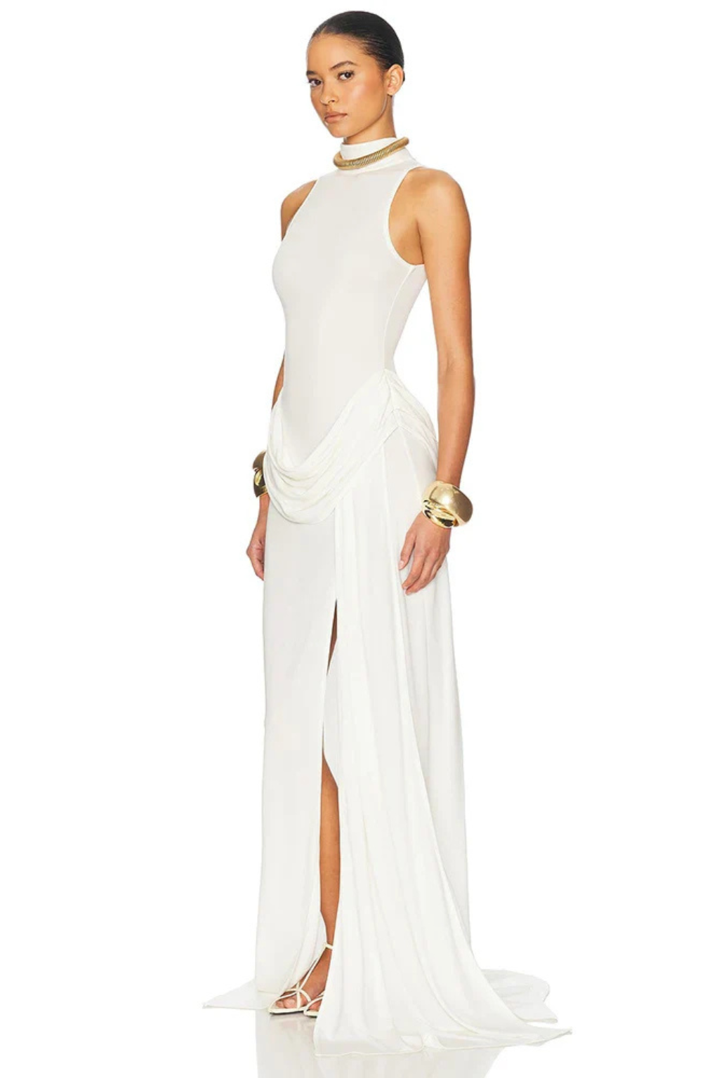 Women's high neck sleeveless maxi dress with a sophisticated side split. Ideal for formal, party, & evening wear.