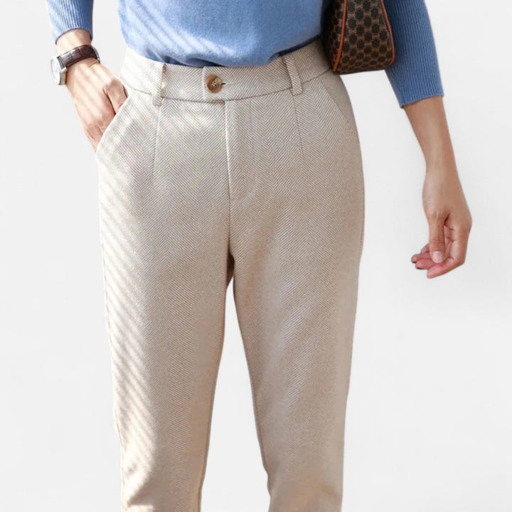 Women's high-waist black pencil pants, elegant slim fit for professional office wear.