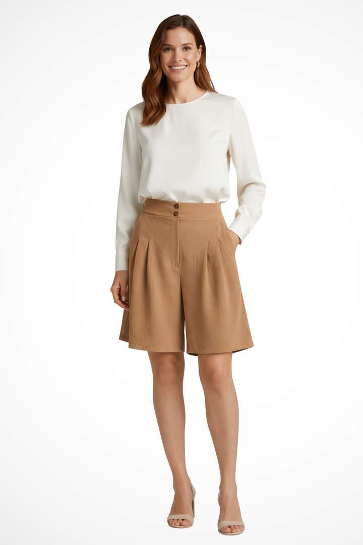 Women's high waist pleated tailored Bermuda shorts, chic summer office wear.