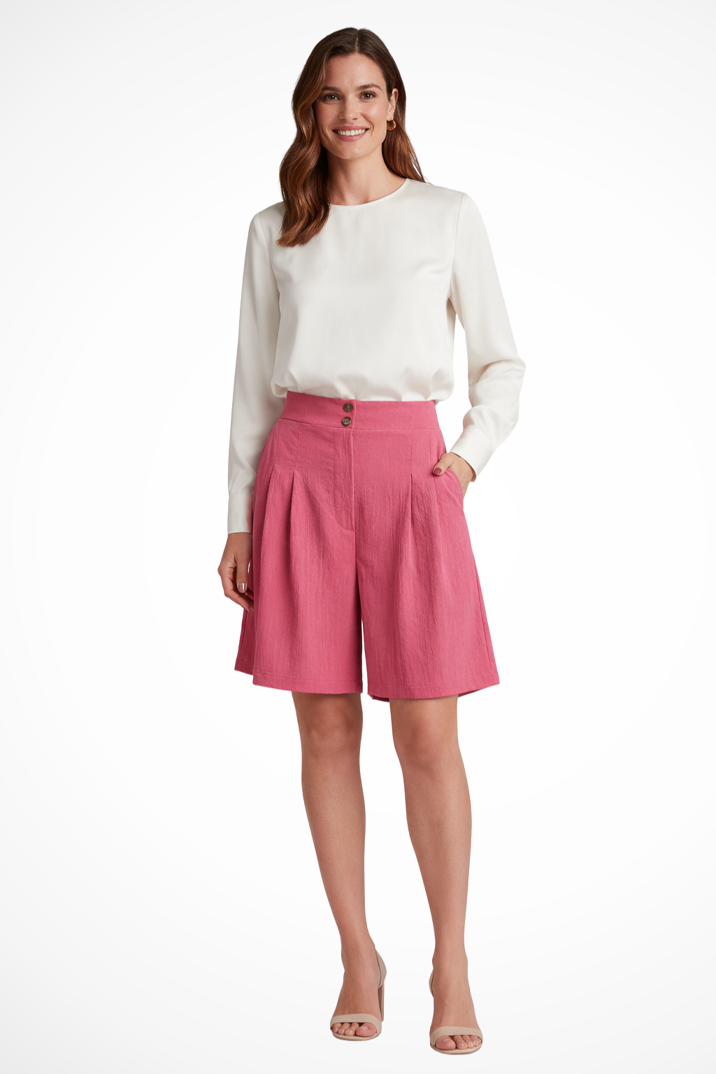 Casual yet chic women's high waist pleated Bermuda shorts, ideal for warm season fashion.