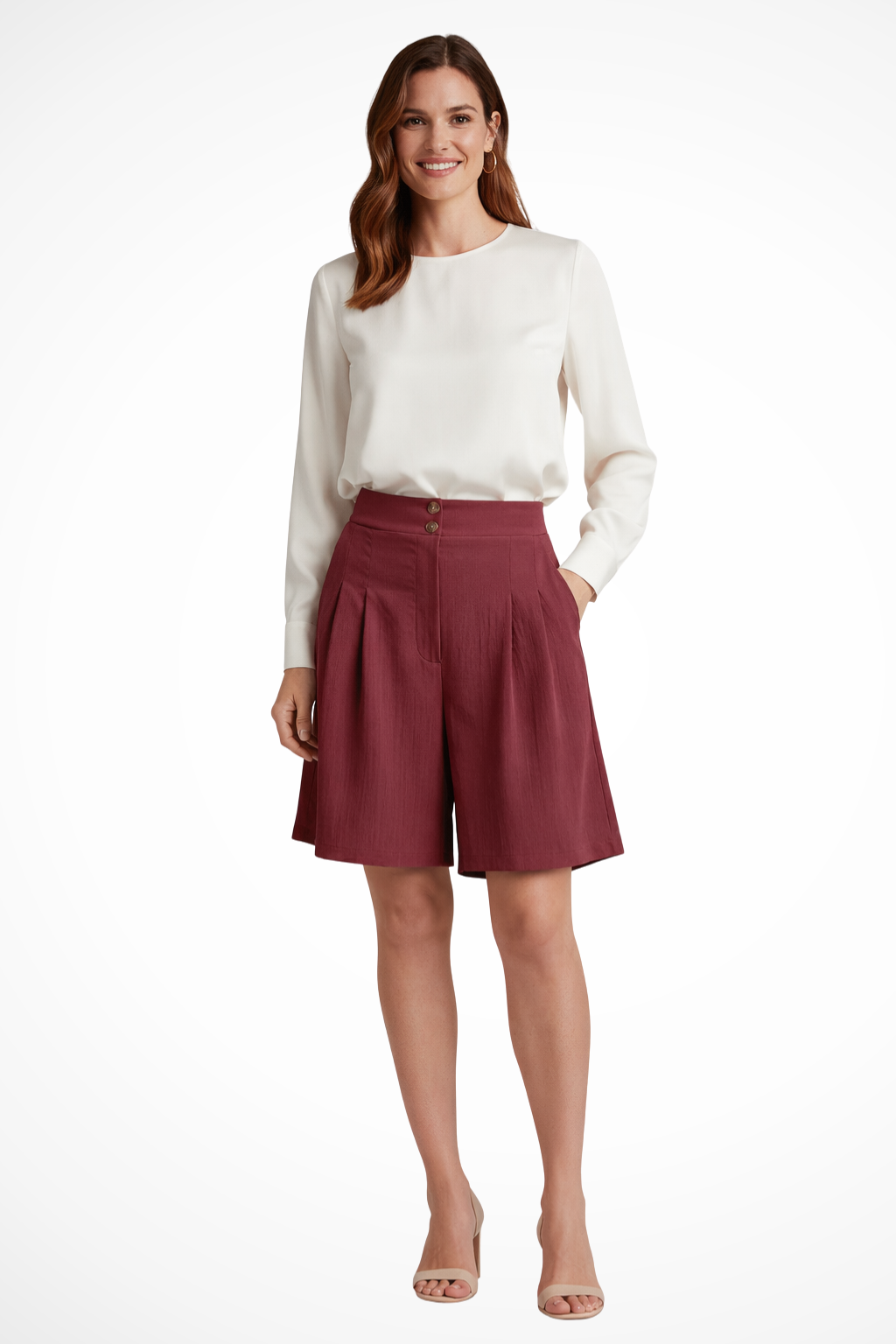 High waist pleated Bermuda shorts for women, offering a comfortable wide-leg fit for summer.