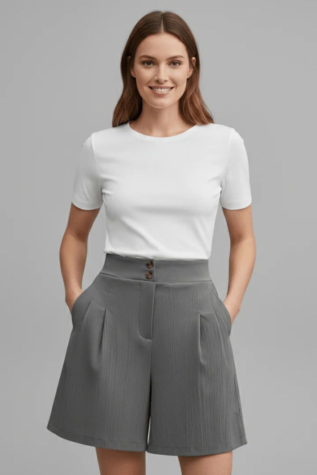 Chic women's tailored pleated Bermuda shorts with pockets, perfect for summer casual wear.