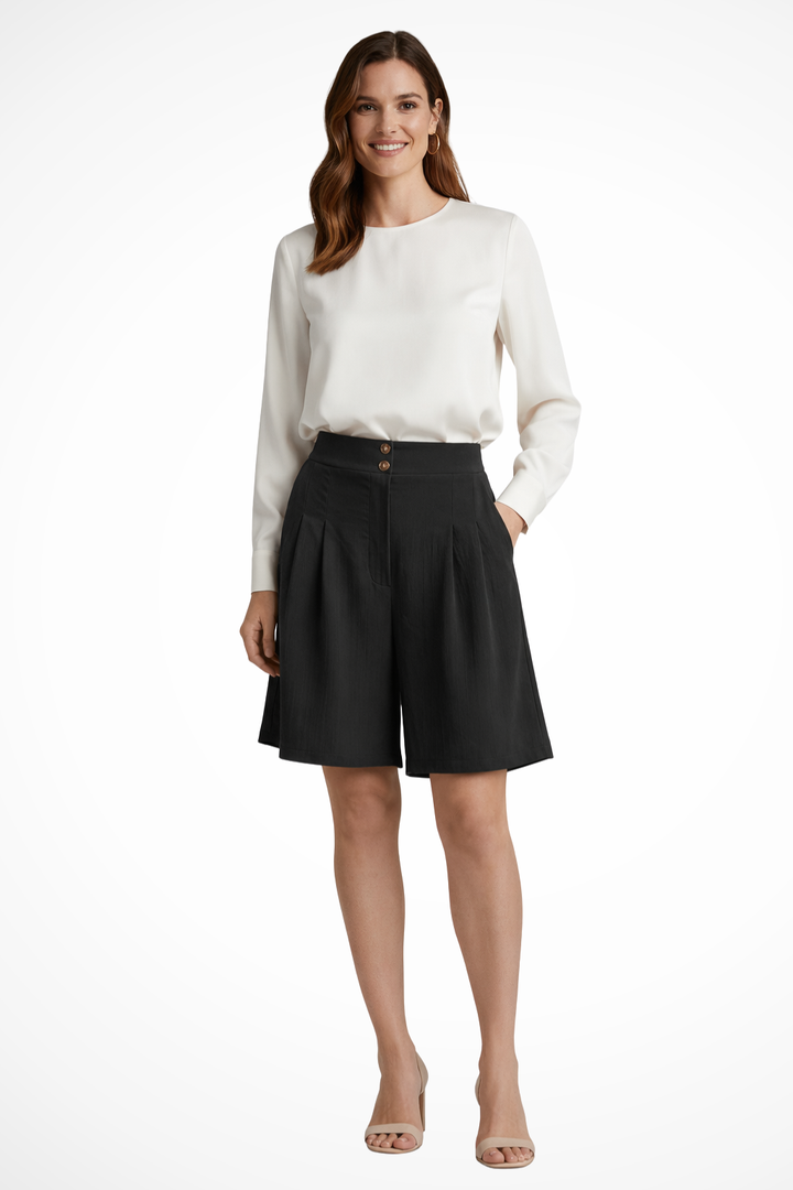 Tailored wide leg Bermuda shorts for women, high waist pleated design, perfect for summer.