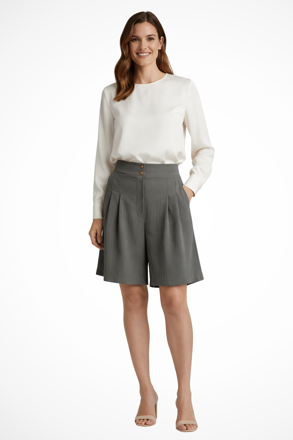 Office-friendly high waist tailored Bermuda shorts for women, pleated detail, summer chic.