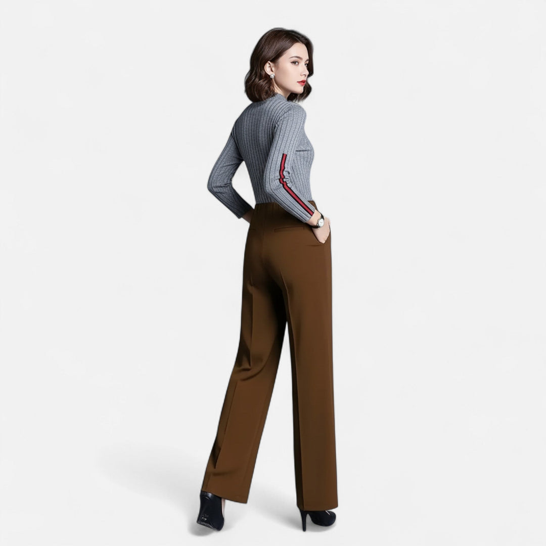 Comfortable high-waist straight-leg trousers with elastic waist for effortless, elegant style.
