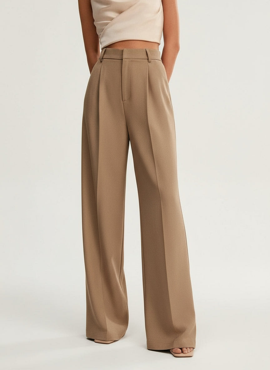 Women's high waist wide leg tailored trousers, elegant for office, work, or smart casual wear.