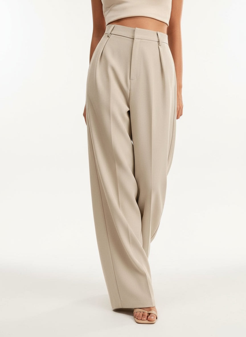 Side profile of women's high waist wide leg trousers, elegant drape, ideal for smart fashion.