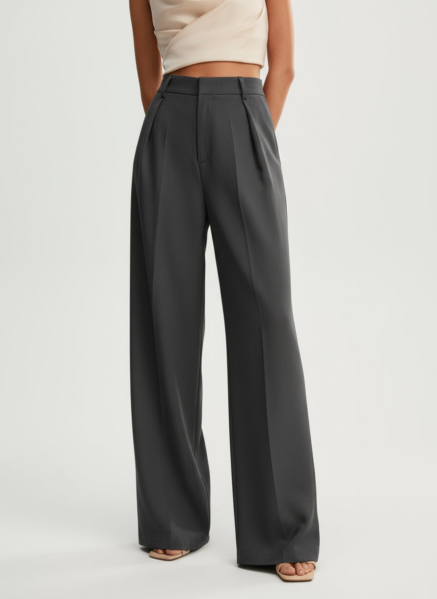Full length shot of women's wide leg tailored trousers, high waist, modern elegance.
