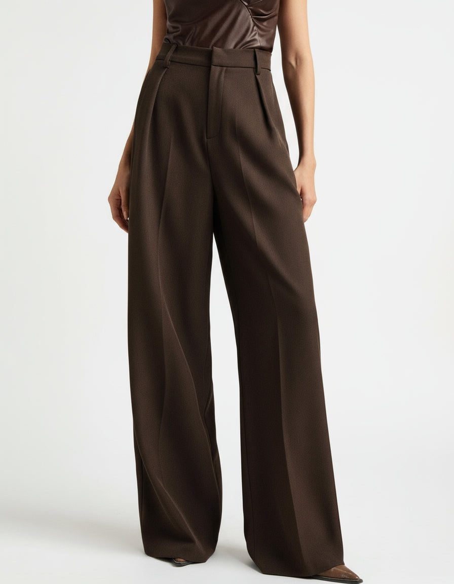 Front view of women's wide leg tailored trousers, high waist, sleek and professional.