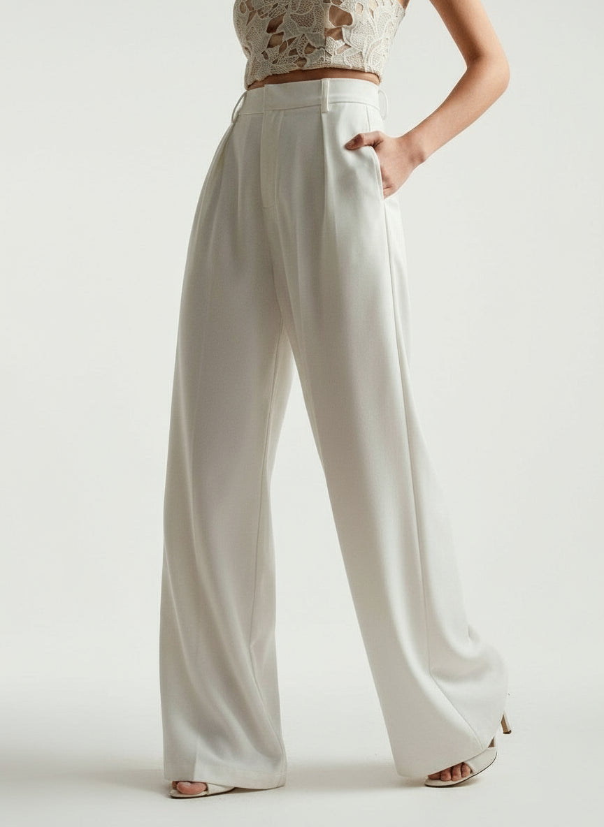 Elegant women's wide leg tailored trousers, high waist, suitable for smart evening events.