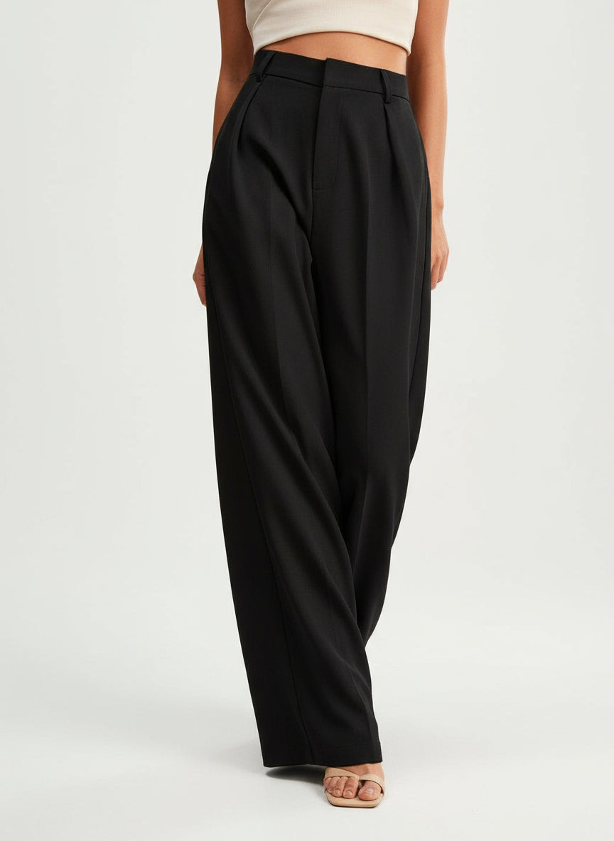 Timeless women's high waist wide leg tailored trousers, classic yet modern, wardrobe essential.