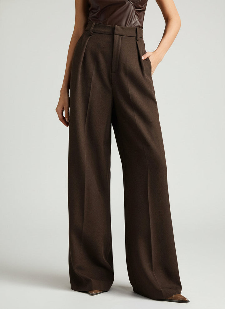 Comfortable wide leg tailored trousers, high waist, versatile work-to-weekend women's fashion.