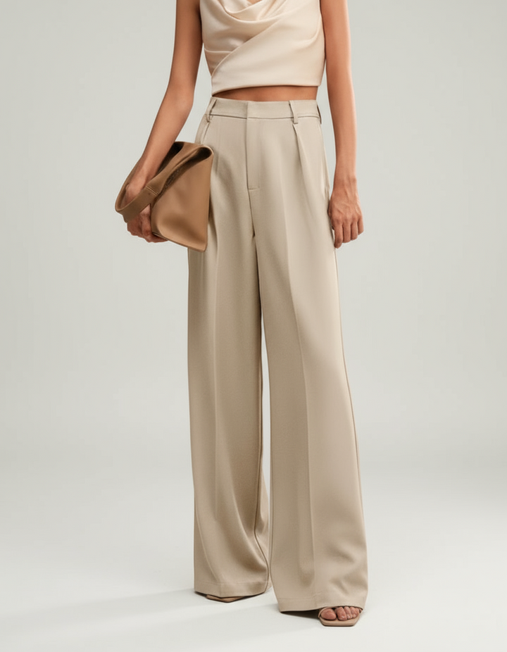 Women's smart wide leg trousers styled with a blouse, high waist, suitable for office wear.