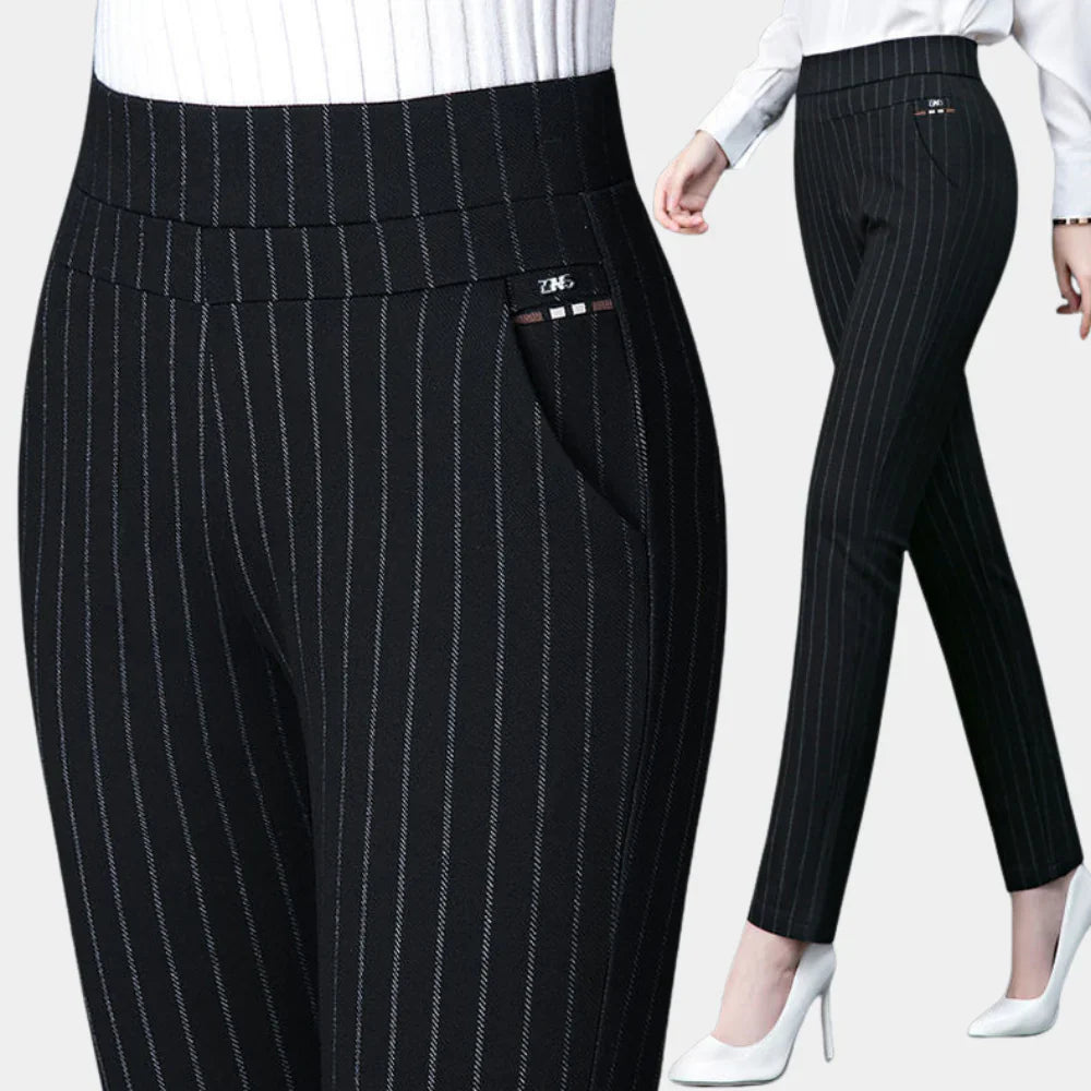 Women's high-waisted black stretch trousers. Comfortable & versatile for office or casual wear. Elastic waist pants.