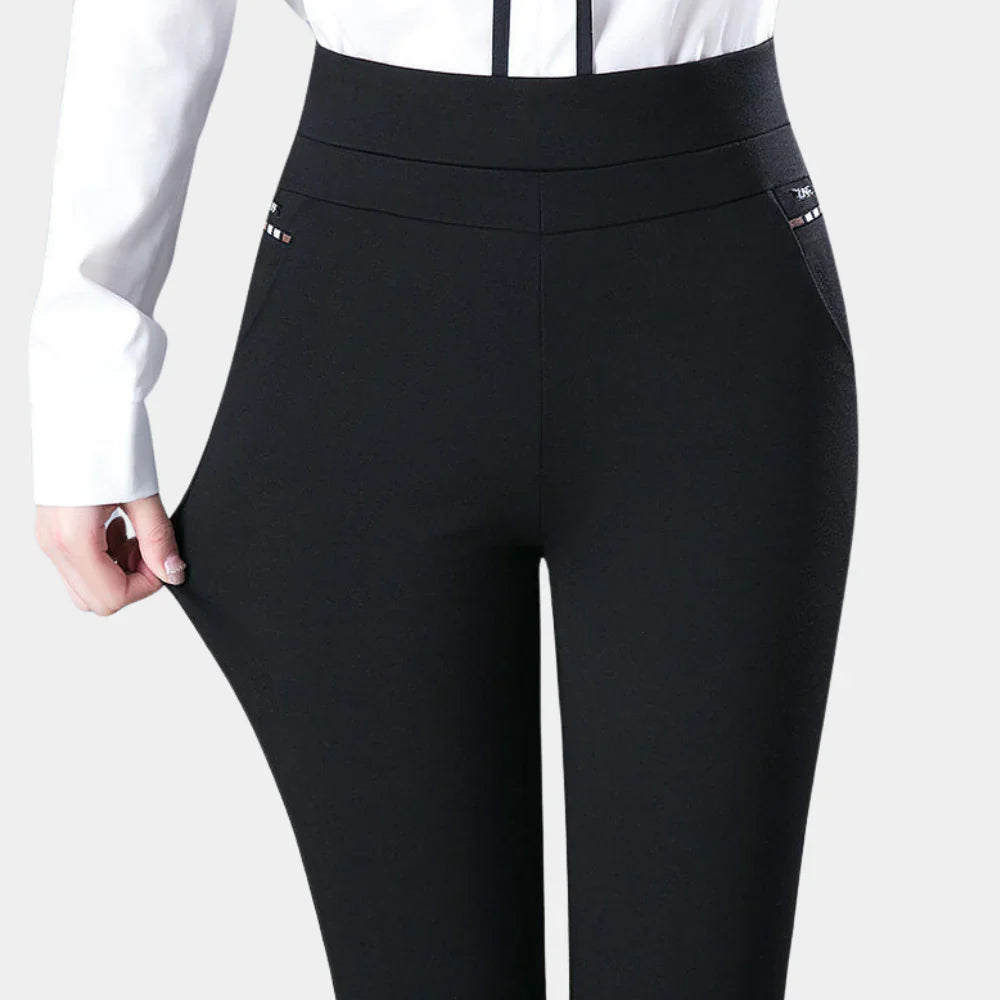 Versatile women's black stretch trousers, high-waisted for comfort. Perfect casual or office pants.