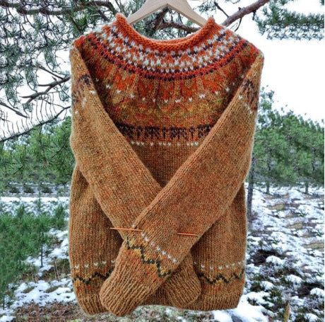 Elegant women's vintage Icelandic knit sweater, a warm pullover ideal for winter style & comfort.
