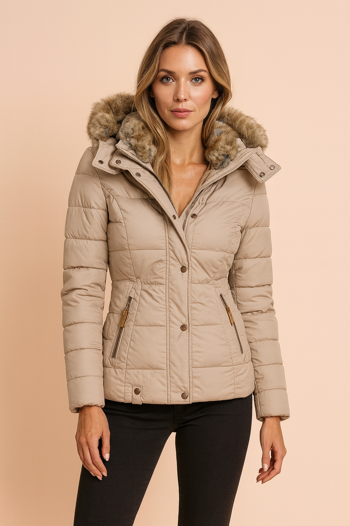 Women's insulated quilted winter jacket with hood, warm & stylish. Perfect for cold weather everyday wear.