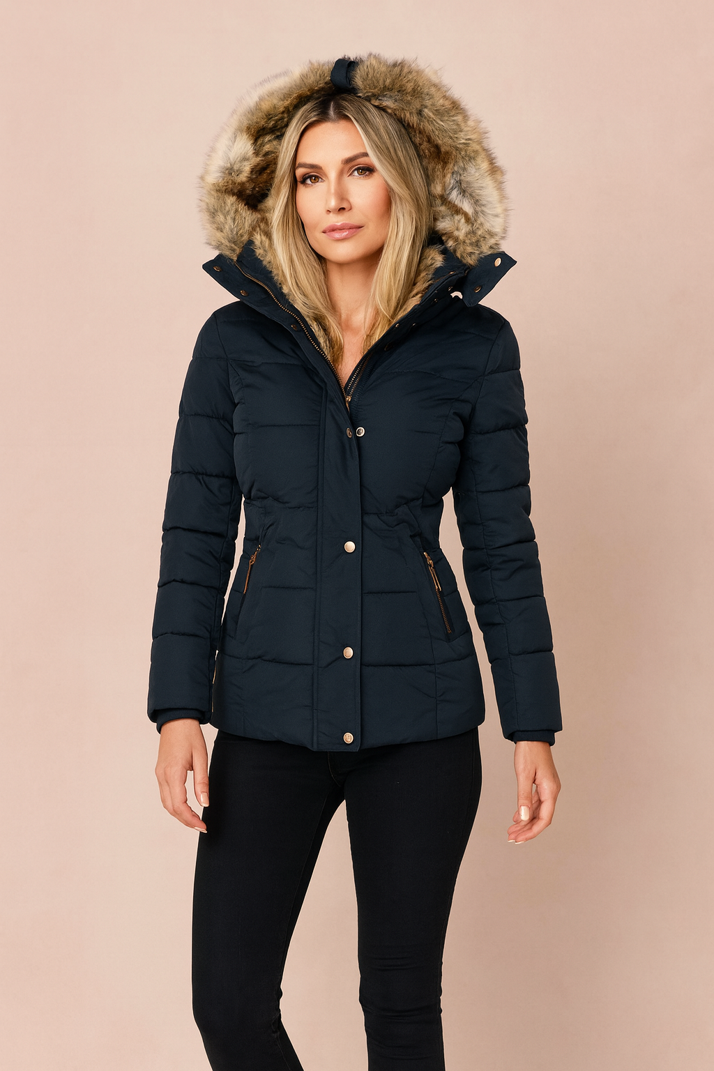 Stylish women's quilted winter jacket, insulated for warmth. Features a cozy hood, ideal for cold weather outerwear.