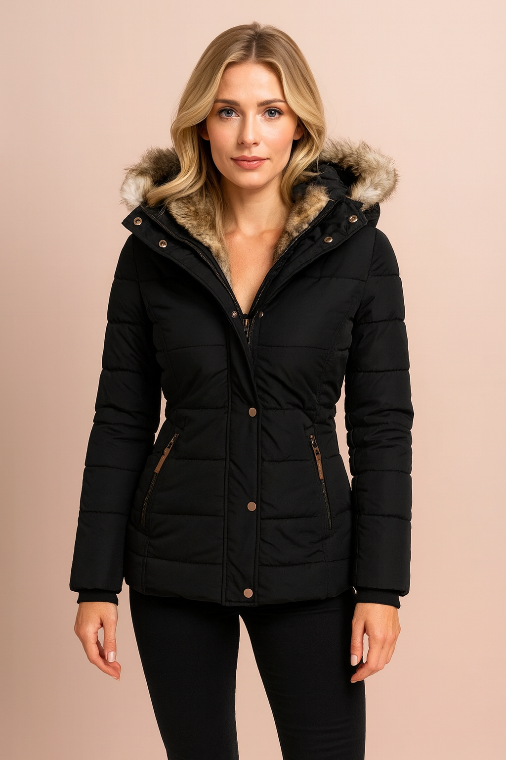 Fashionable ladies quilted winter coat with hood, offering superior warmth & style for cold weather adventures.