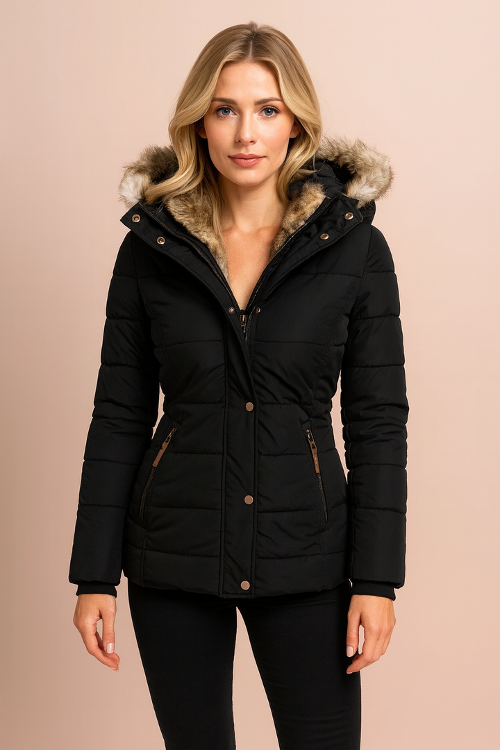Fashionable ladies quilted winter coat with hood, offering superior warmth & style for cold weather adventures.