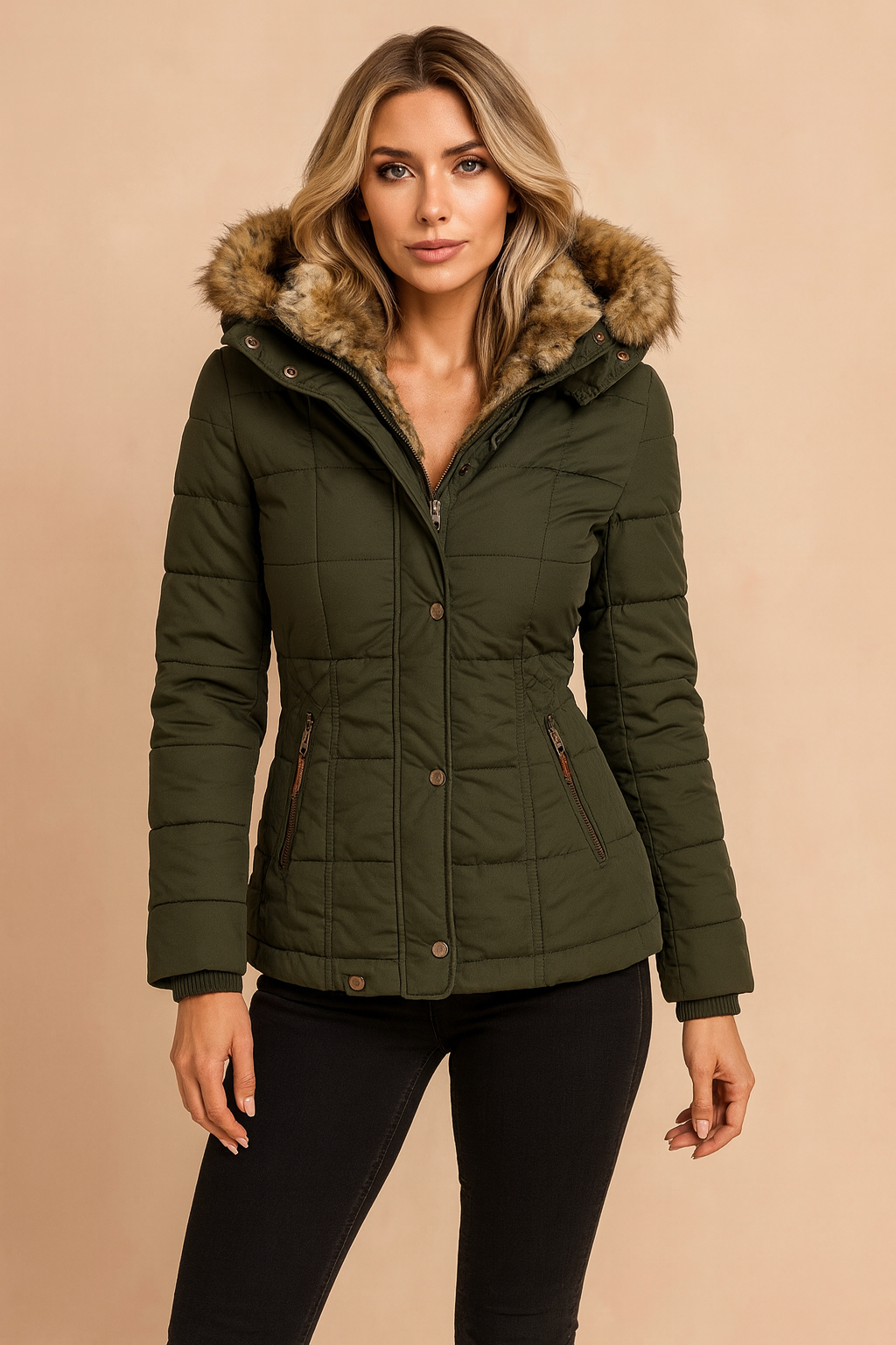Warm women's hooded winter jacket, quilted & insulated for comfort in cold weather. Great for outdoor activities.