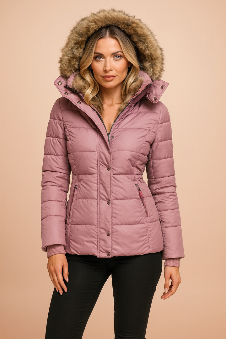 Women's quilted & insulated winter jacket with a hood. A warm, stylish coat for ladies in cold weather.
