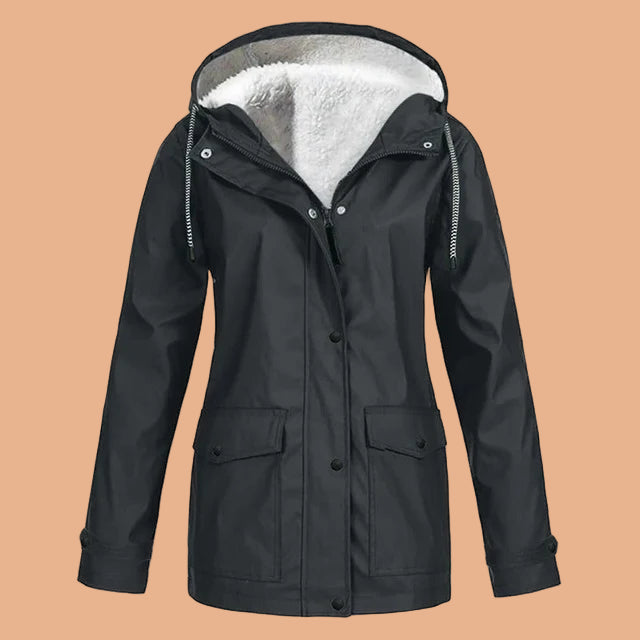 Women's insulated winter jacket with a cozy faux-fur lined hood, perfect for cold weather.