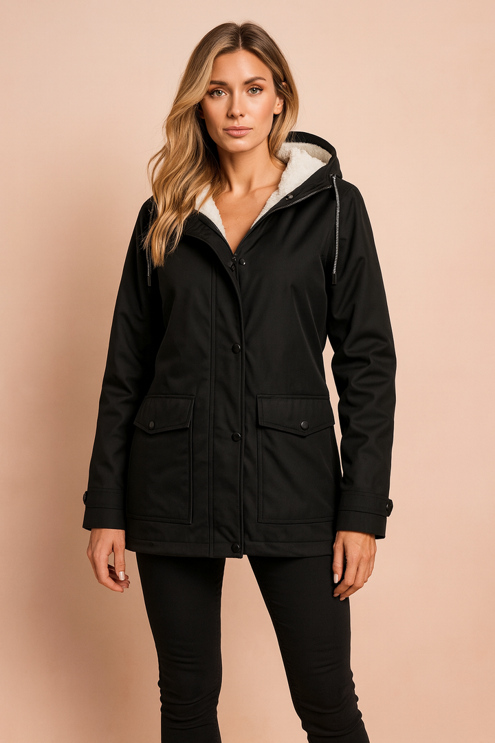 Women's cozy winter jacket with insulation, a stylish hood, and comfortable fit for outdoor activities.
