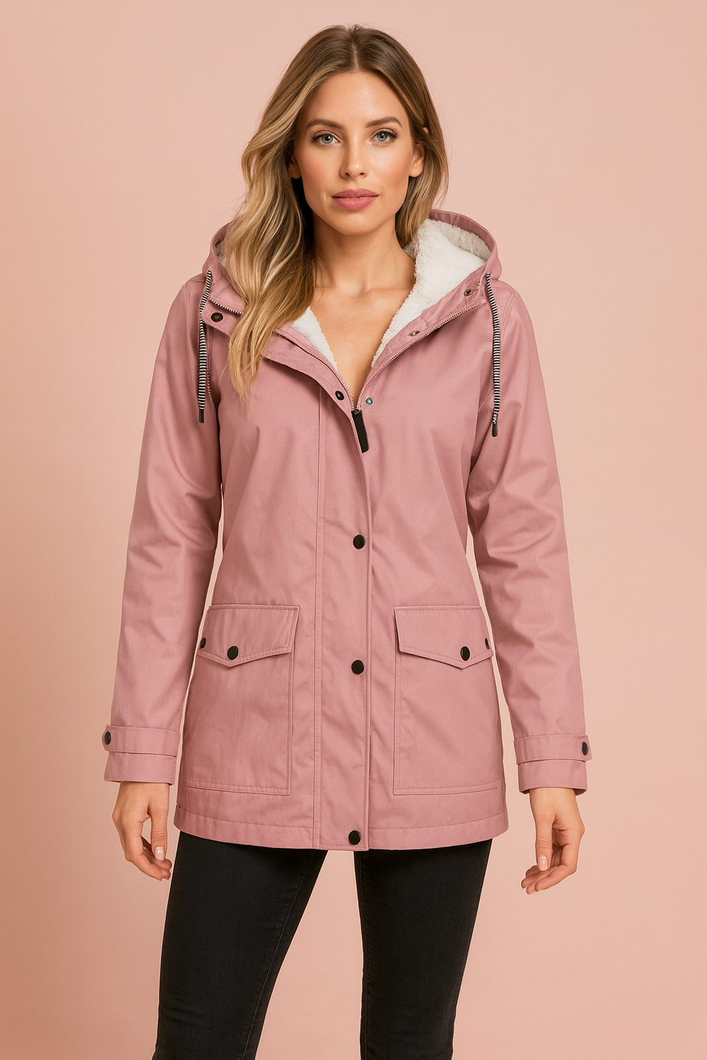 Cozy women's winter jacket, insulated for maximum warmth, featuring a comfortable hood.