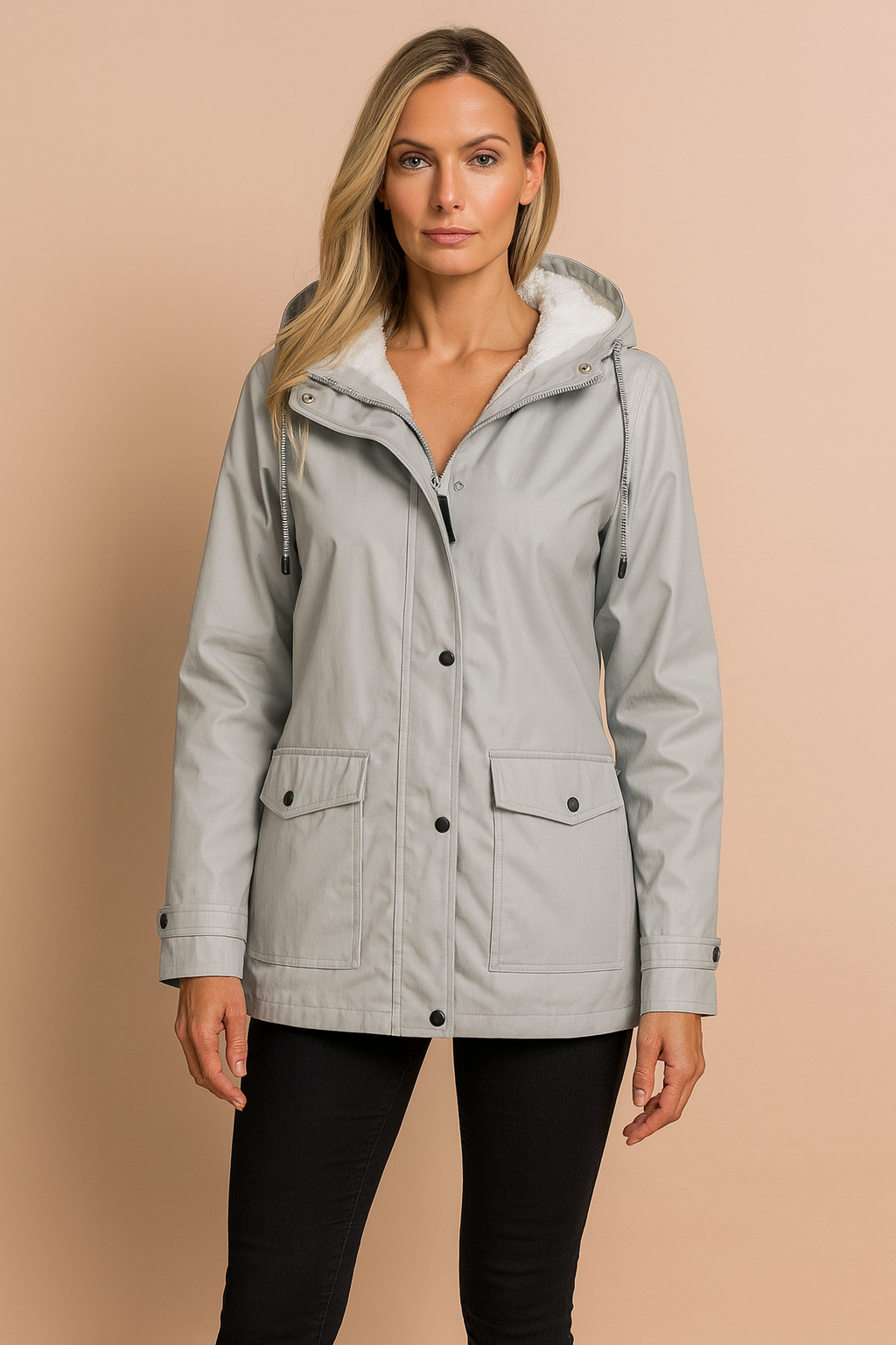 Front view: Women's insulated winter parka with a deep, cozy hood for ultimate warmth.