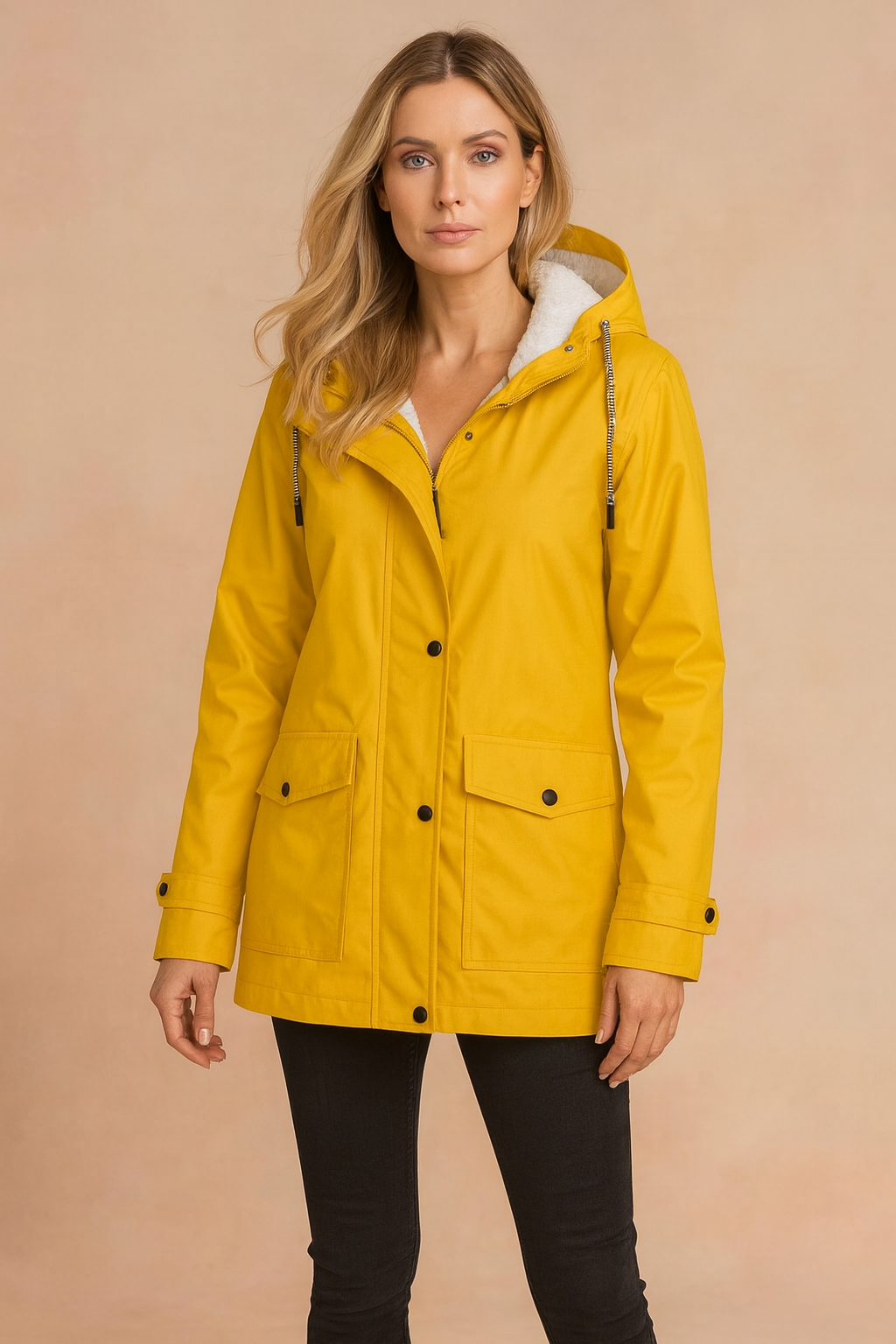 Side view: Women's casual hooded winter jacket, insulated for comfort and style.