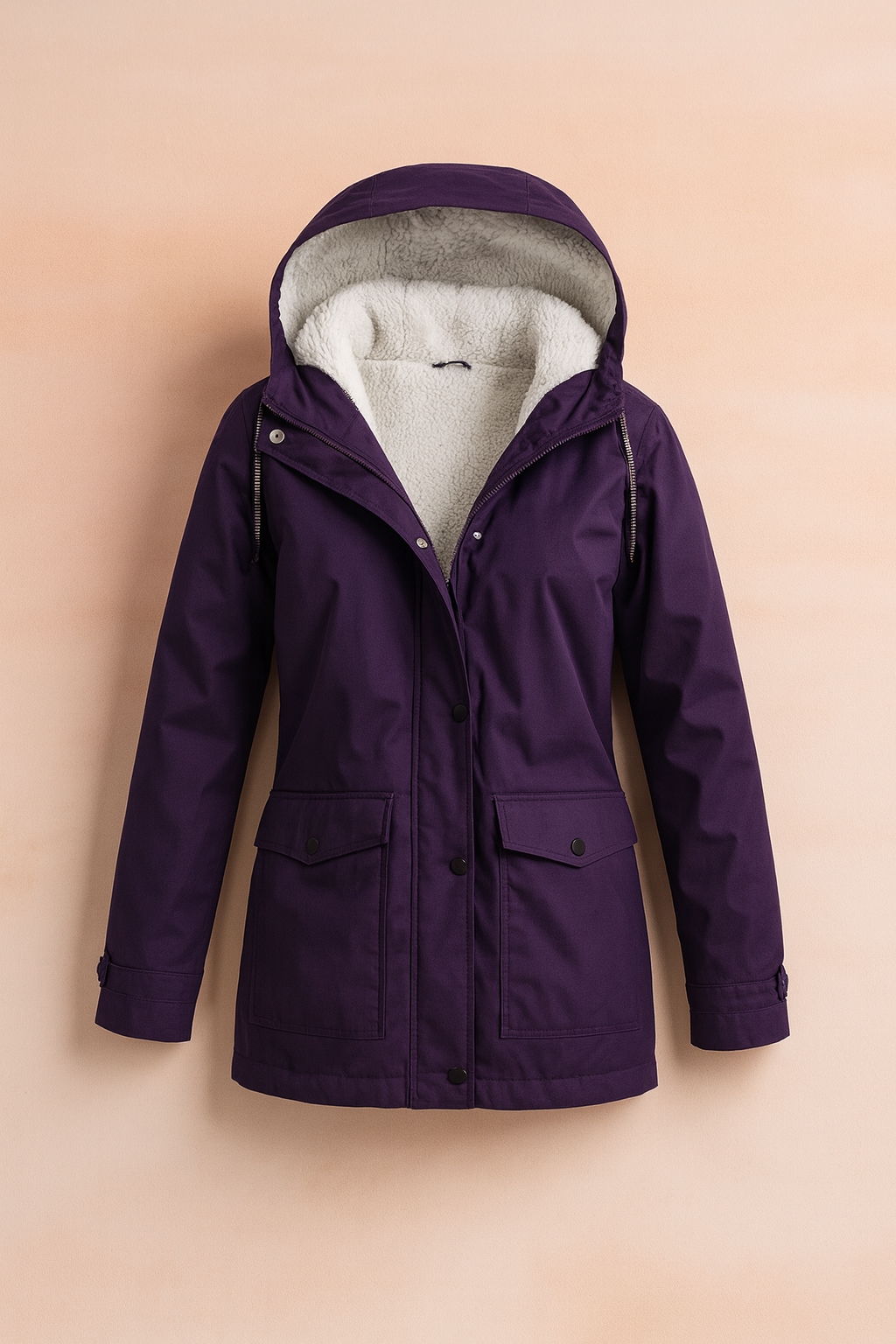 Close-up: Detail of cozy hood on women's insulated winter jacket, soft and warm.