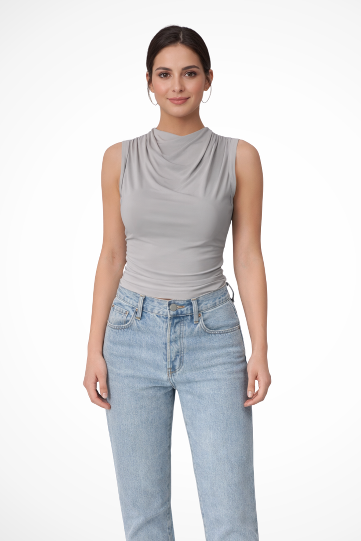 Comfortable women's sleeveless top, Kaia peplum style with draped neck. Ideal for summer outfits & spring fashion.