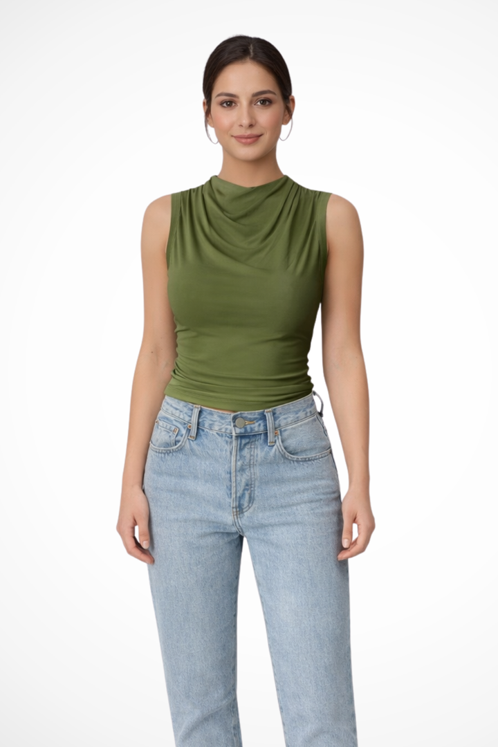 Women's Kaia sleeveless peplum top, draped neck. Elegant blouse, versatile for casual wear & office. Sophisticated look.